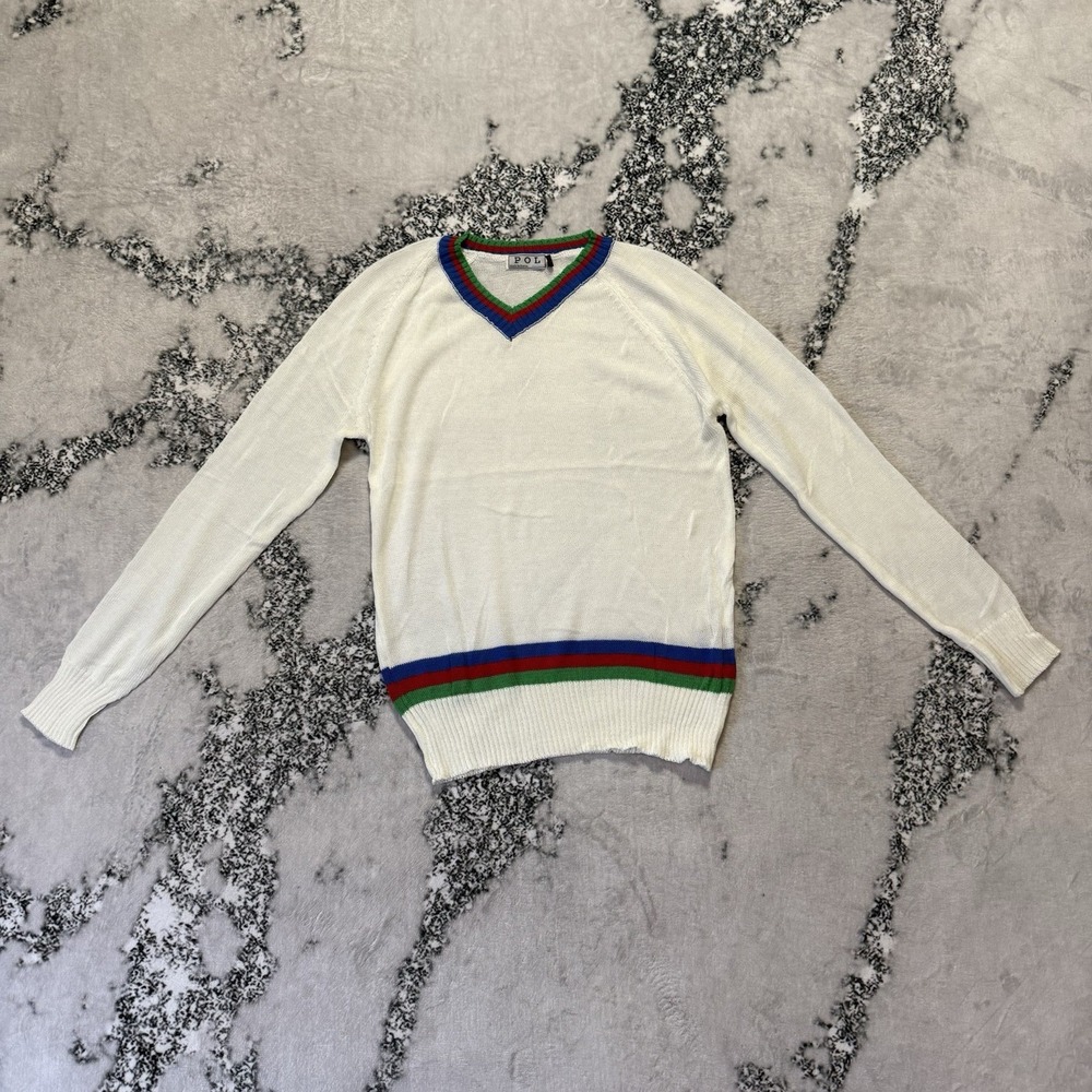 Pol Sweater‎ Womens Size Medium Ivory Multi Stripes Pullover Preppy V Neck